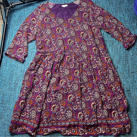 Garnet Hill Bohemian Pocket 3/4 Sleeve Dress in Burgundy Red Paisley Print 18 - Picture 1 of 9